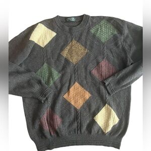 Lambswool grandpa sweater geometric shapes brown and fall colours crewneck L